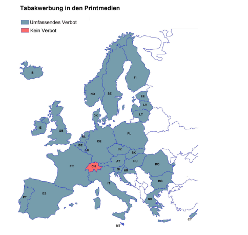 Die Schweiz ist das einzige Land in Europa, das auf nationaler Ebene kein Verbot von Tabakwerbung in den Printmedien kennt (Stand 2024). Ob ein solches Verbot bis 2026 eingeführt wird, ist im Parlament umstritten.