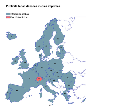 La Suisse est le seul pays en Europe qui n’interdit pas la publicité pour le tabac dans la presse écrite au niveau national (état : 2024). Le Parlement débat pour savoir si une telle interdiction sera introduite d’ici 2026.